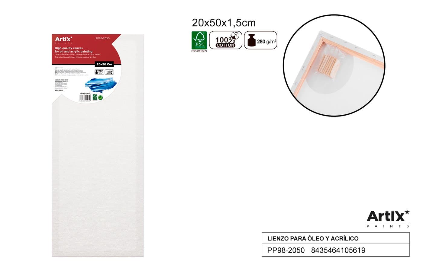 Podobrazie białe na drewnianej ramie 20 × 50 × 1,5 cm 280 g/m²