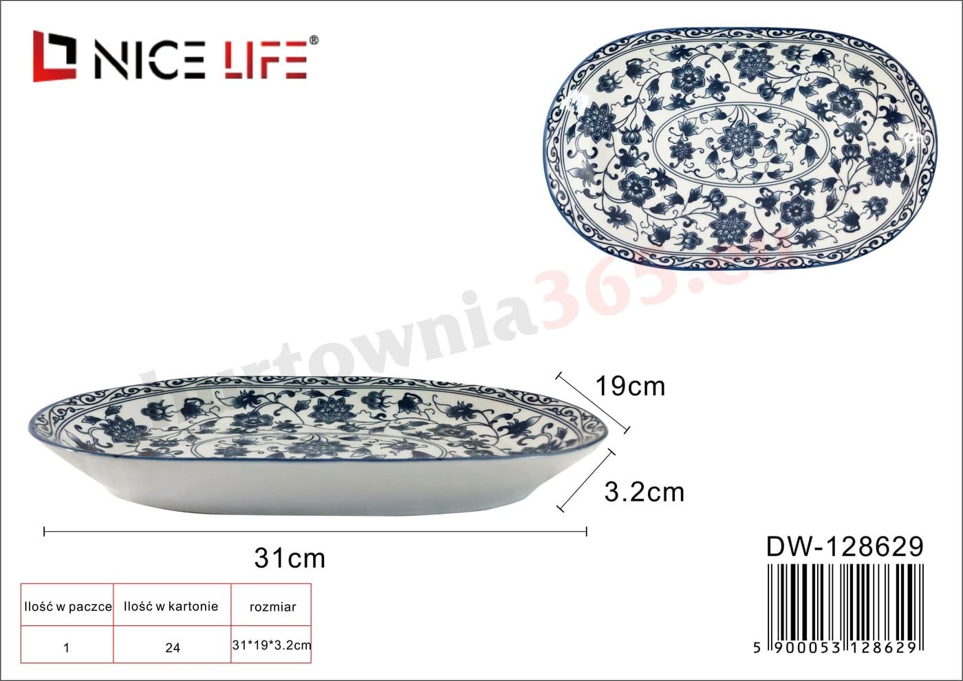 Półmisek ceramiczny biały podłużny z niebieskim ornamentem kwiatowym