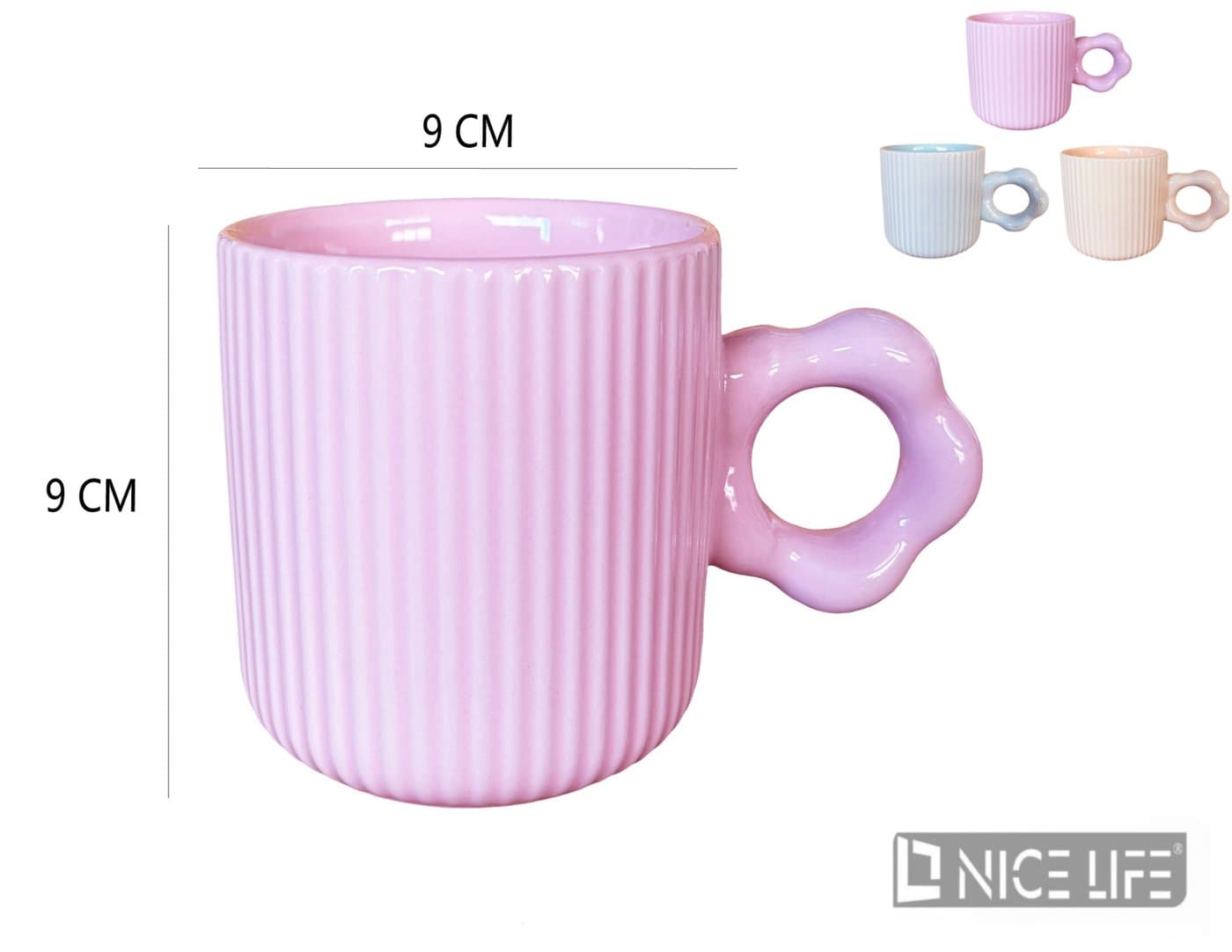 Kubek ceramiczny pionowo ryflowany z ozdobnym uchem