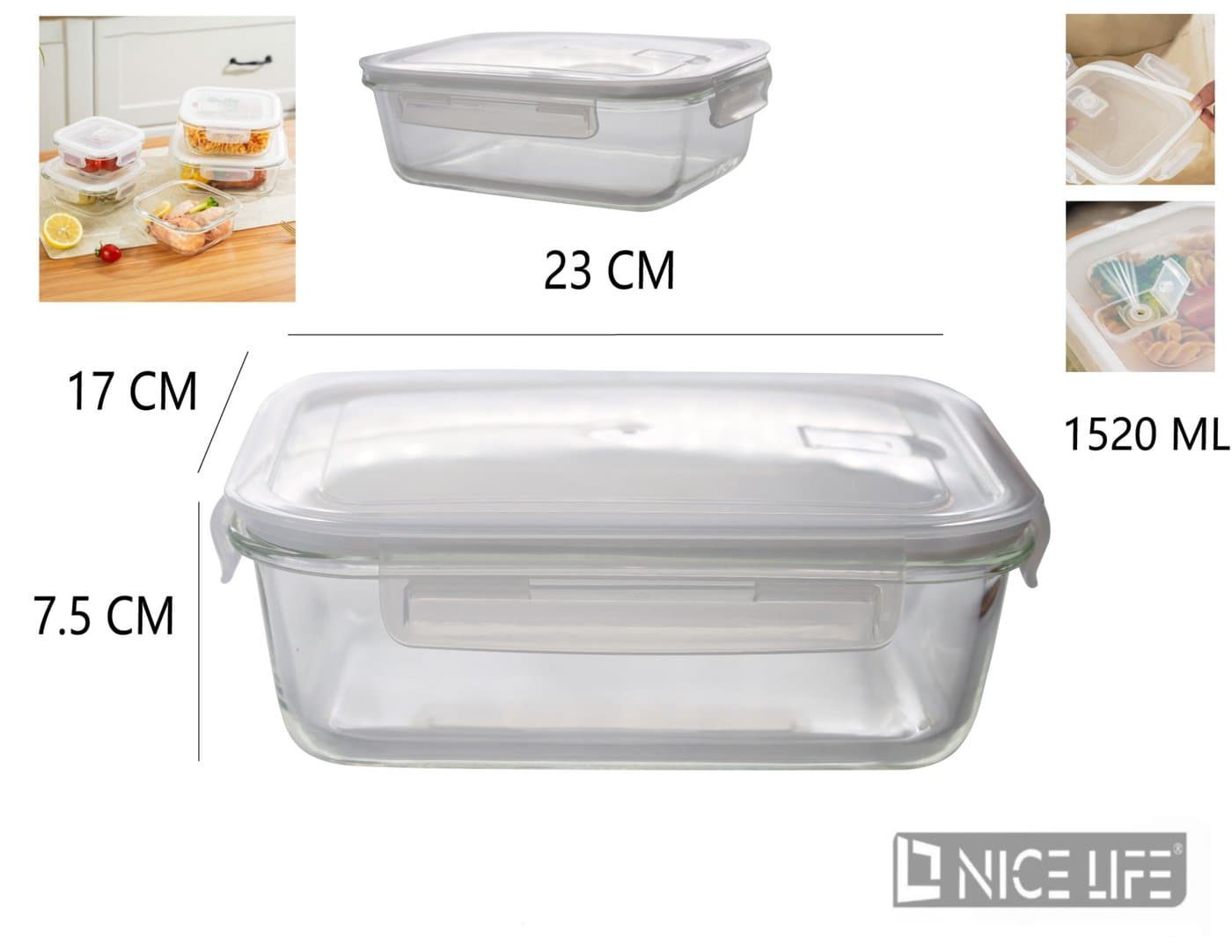 Szklany pojemnik na produkty z plastikową pokrywką i zatrzaskami