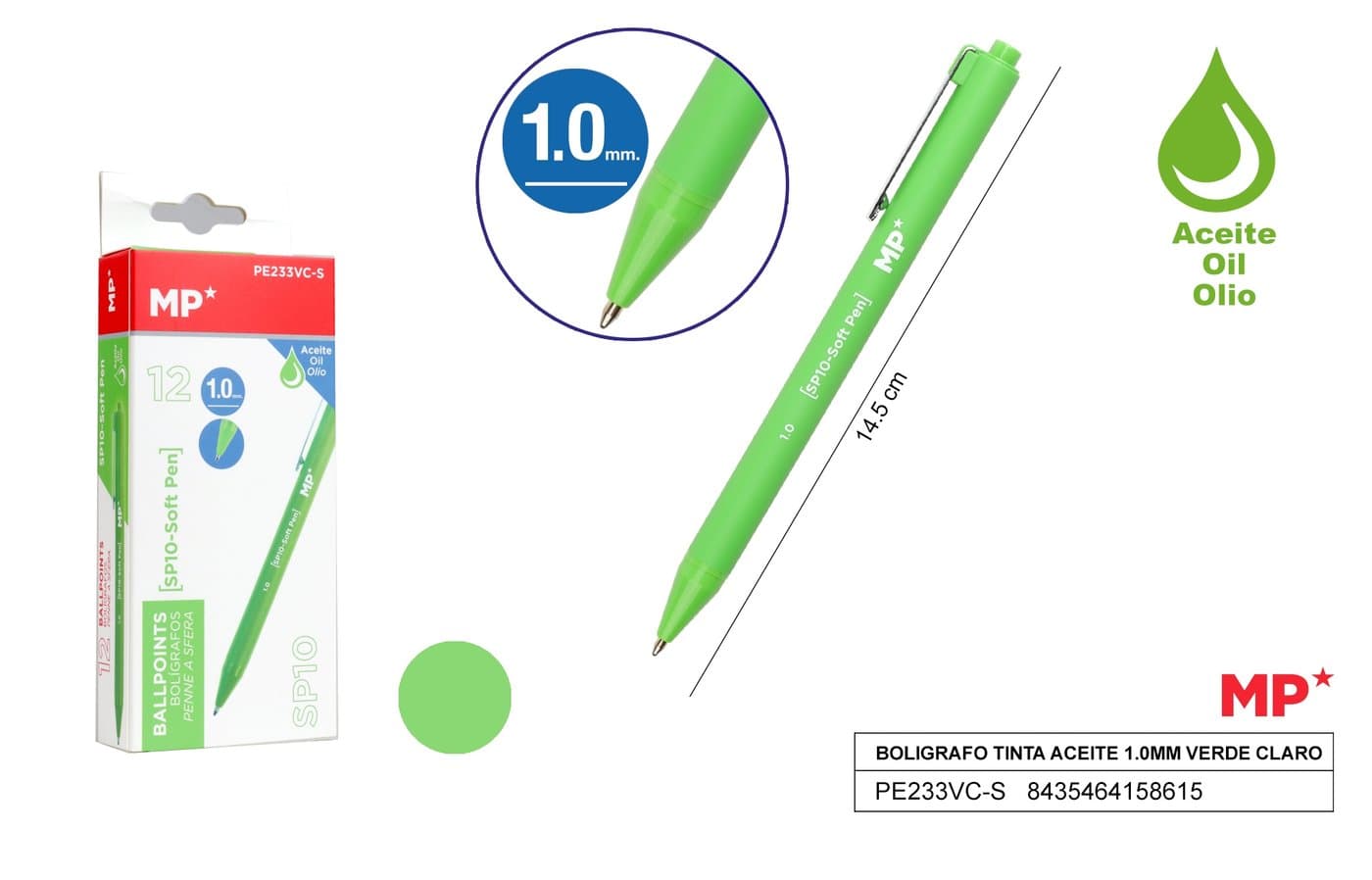 Długopis olejowy 1.0mm 3sztop. zielony
