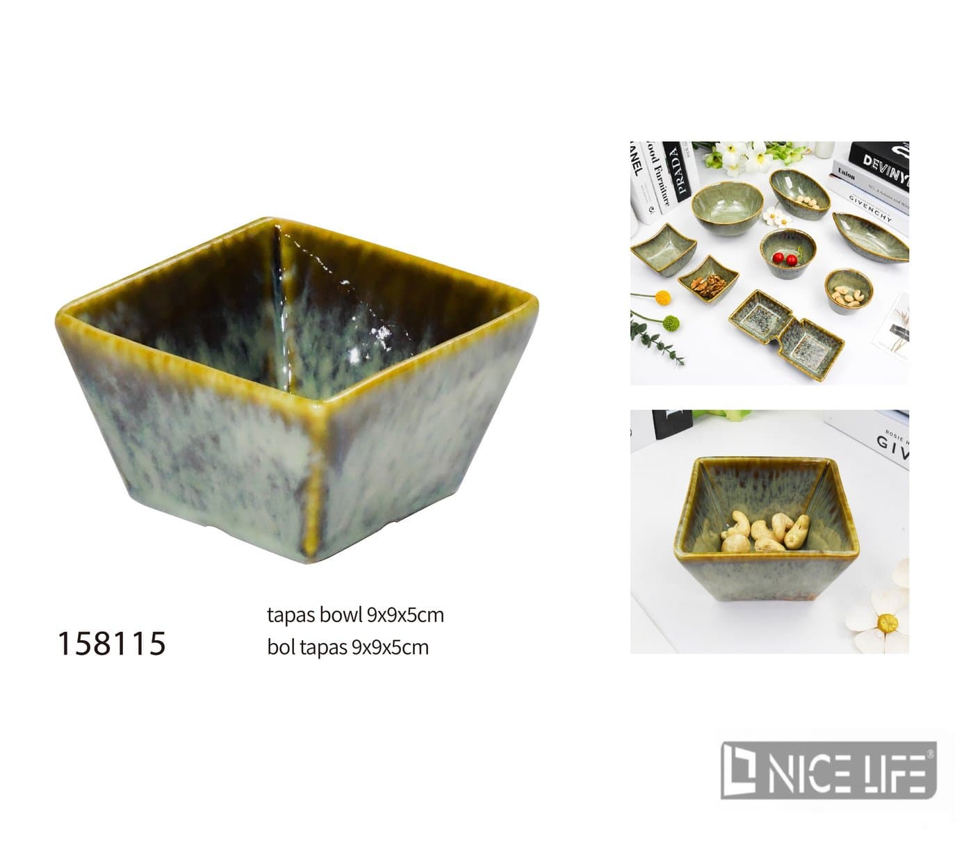 Miska ceramiczna kwadratowa zielonoszara z żółtym obrzeżem