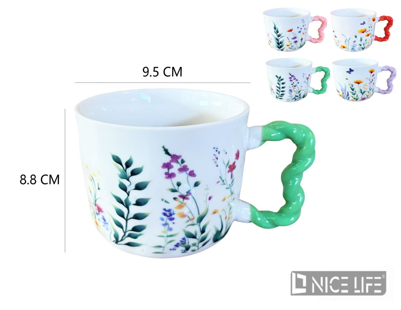Kubek ceramiczny biały z botanicznym wzorem i kolorowym uchem