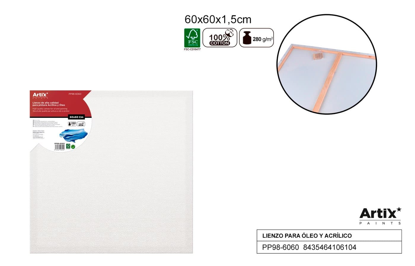 Podobrazie z białego płótna na drewnianej ramie 60 × 60 × 1,5