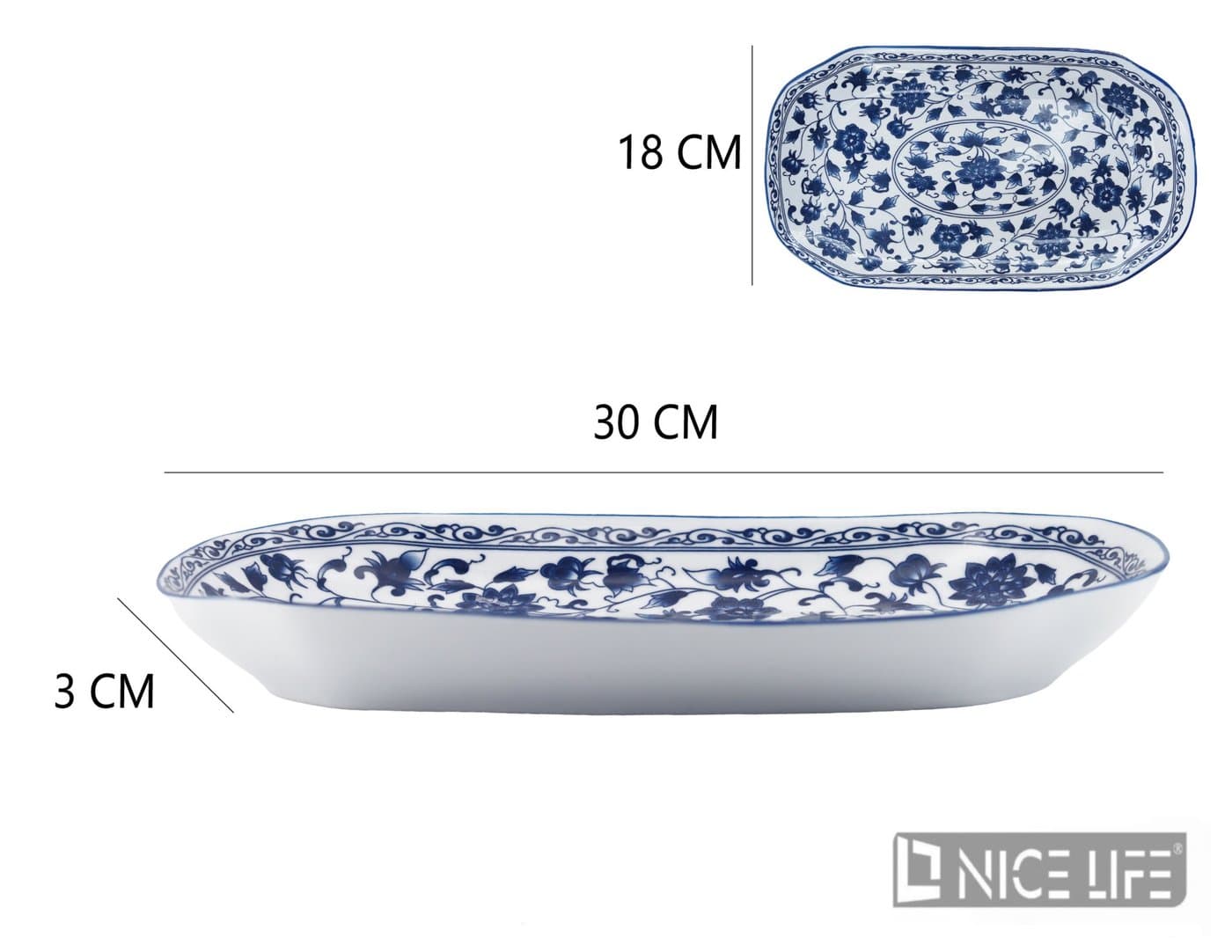 Półmisek ceramiczny biały podłużny z niebieskim ornamentem kwiatowym