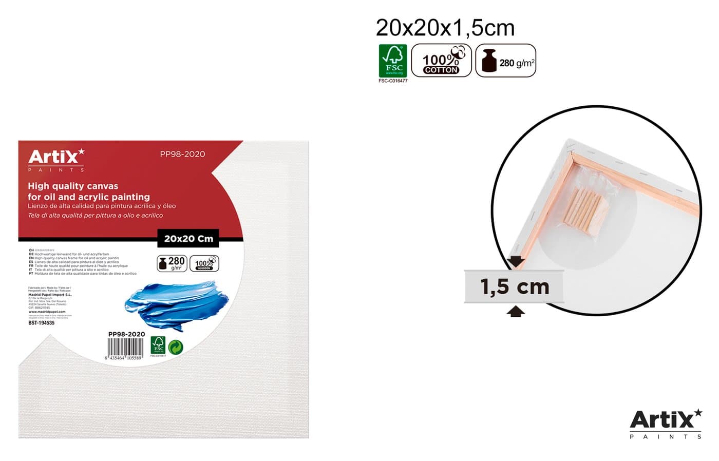 Podobrazie białe na drewnianej ramie 20 × 20 × 1,5 cm 280 g/m²