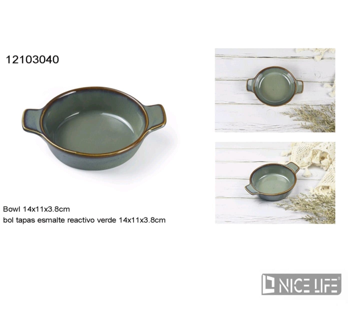 Miska ceramiczna zielonoszara z rączkami, 14 × 11 × 3,8