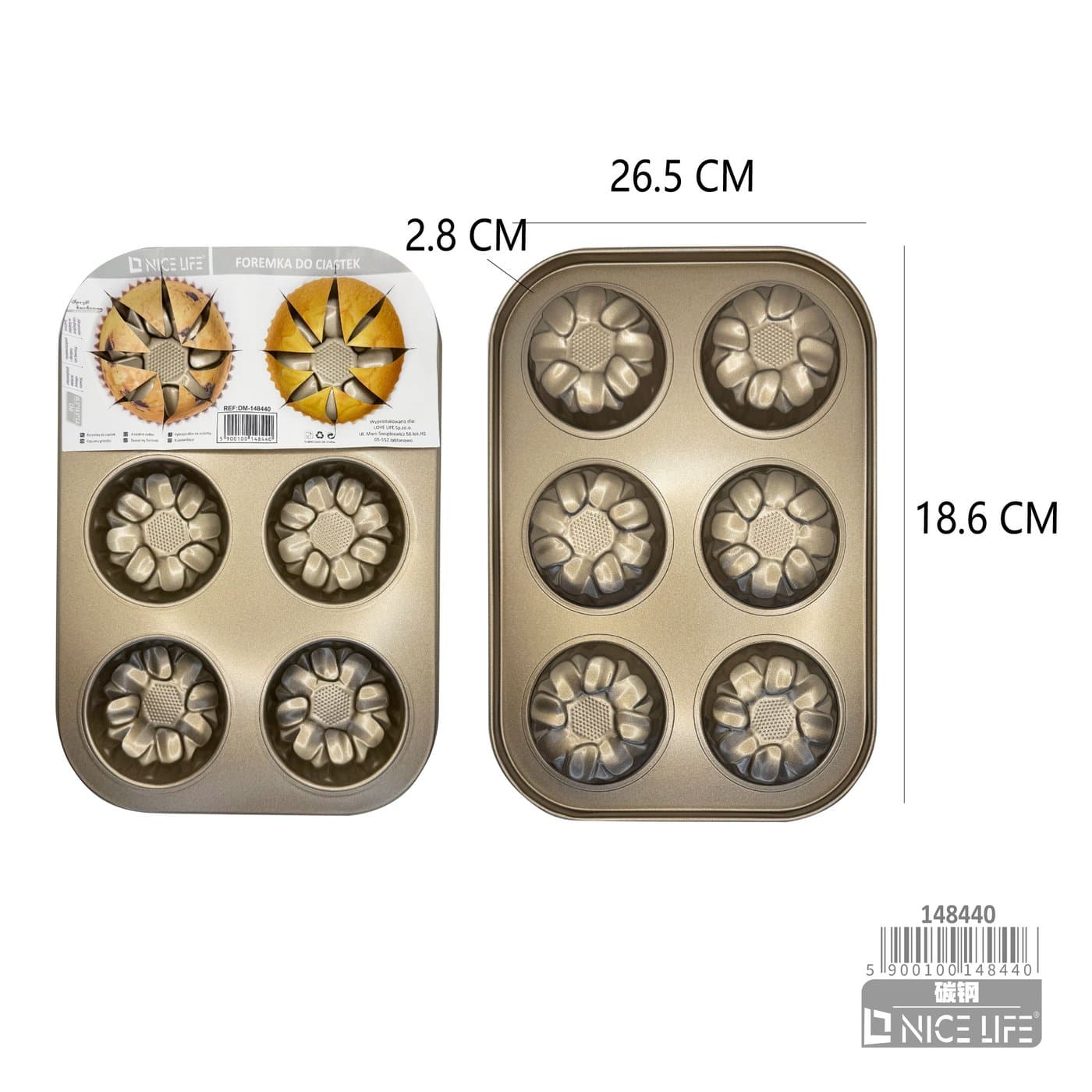 Forma metalowa do ciastek, wzór kwiatów, złota, 6 wgłębień