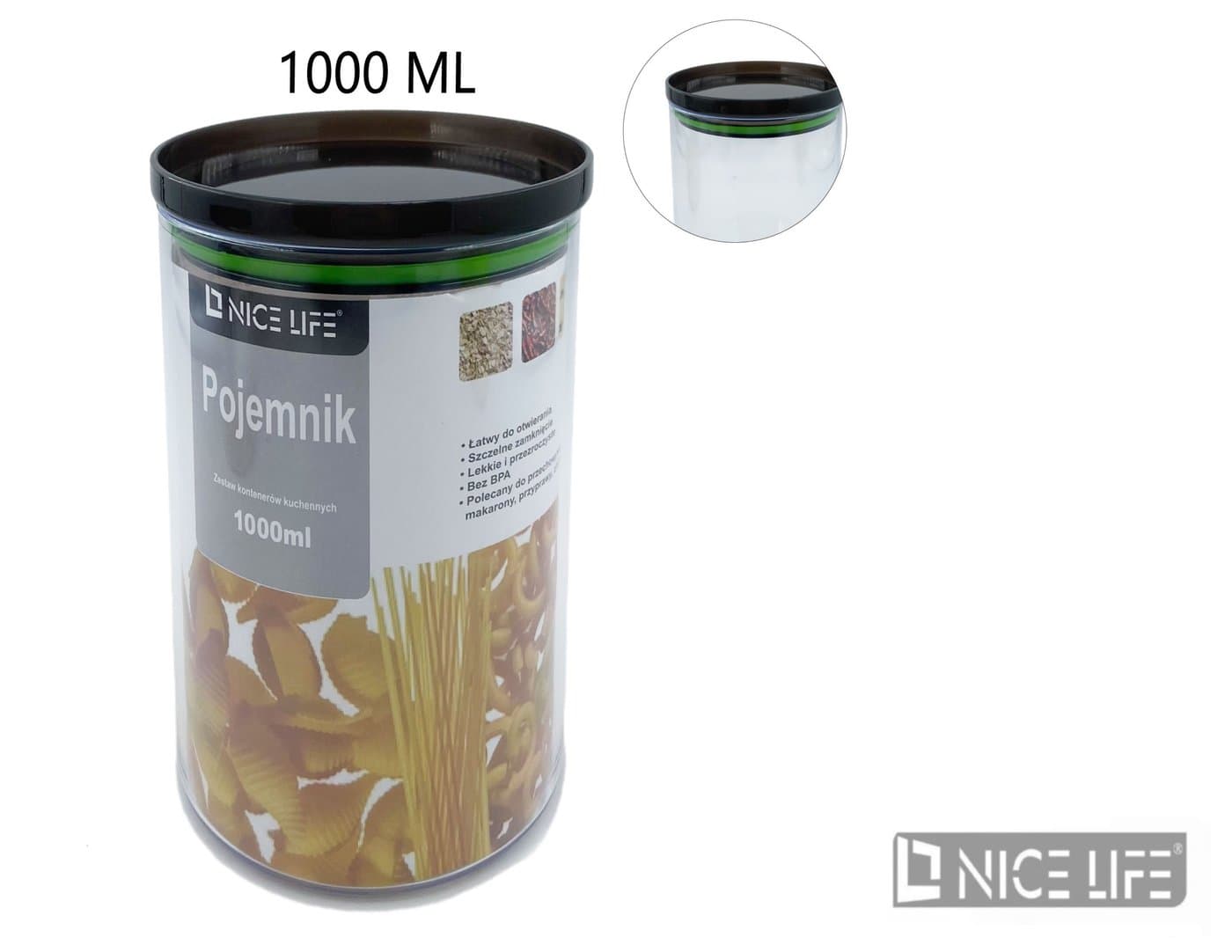 Pojemnik plastikowy cylindryczny z czarną pokrywką i uszczelką