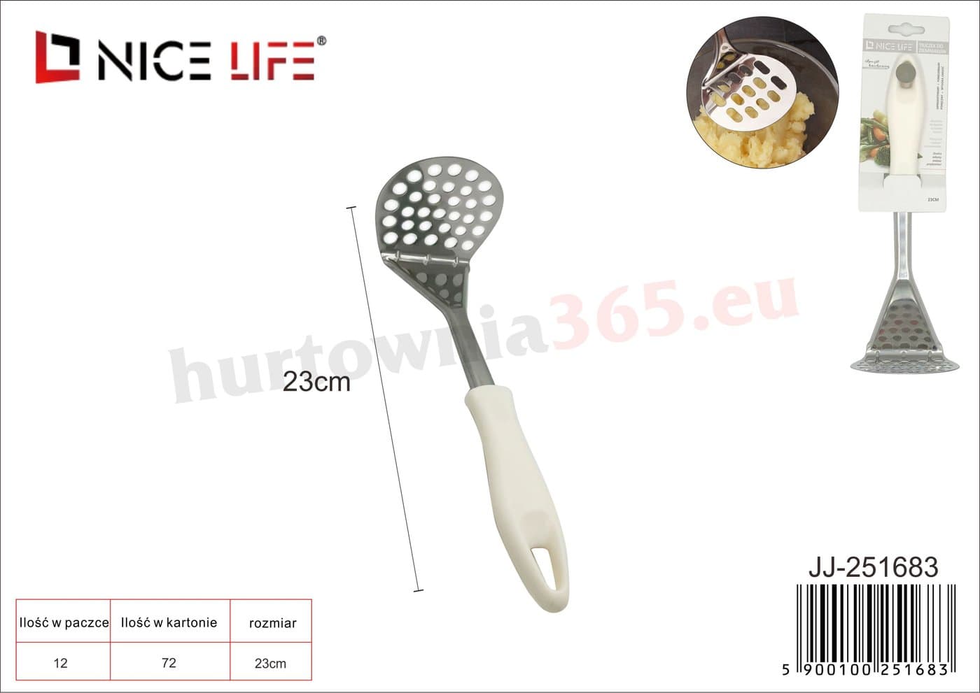Tłuczek do ziemniaków metalowy z kremowym uchwytem plastikowym