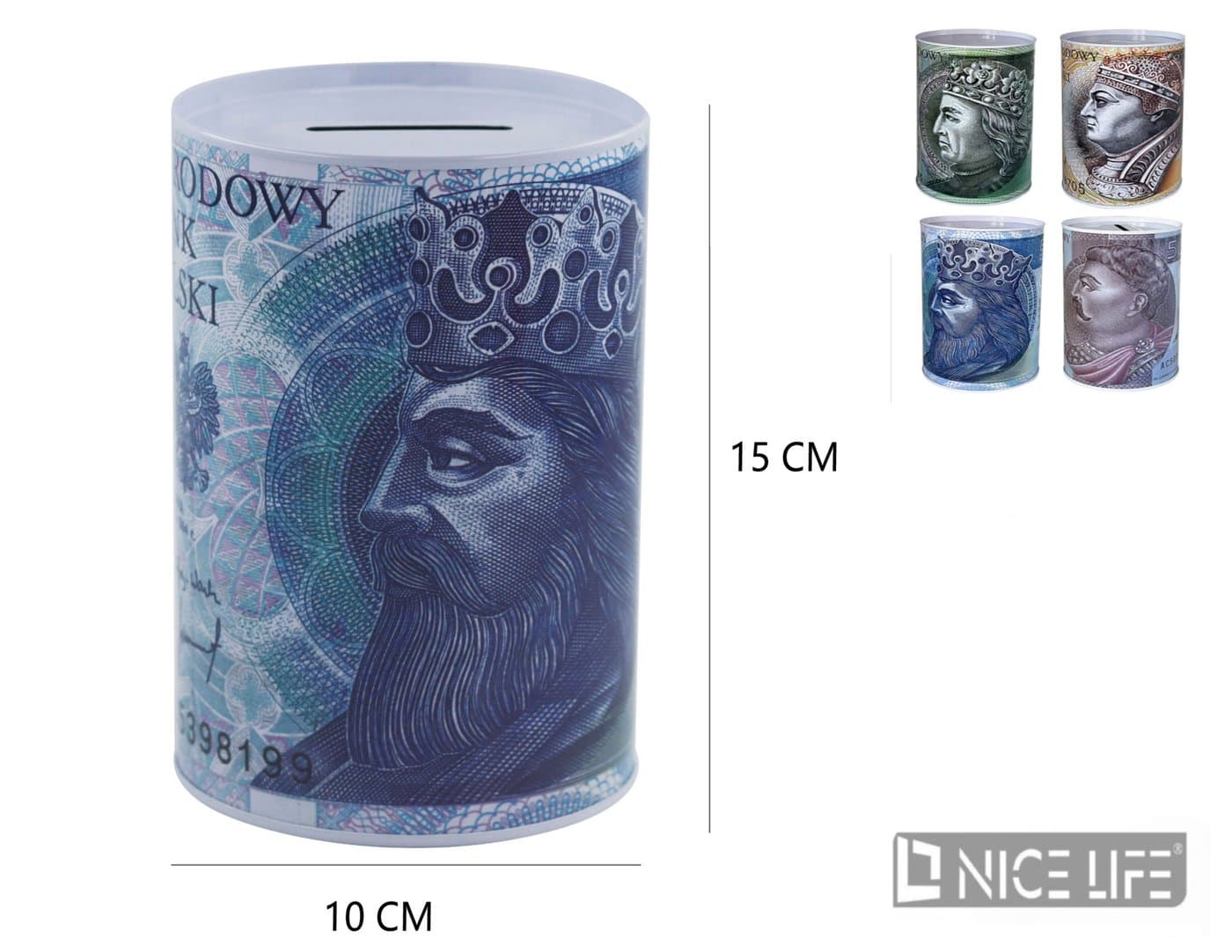 Skarbonka metalowa cylindryczna z portretami króla