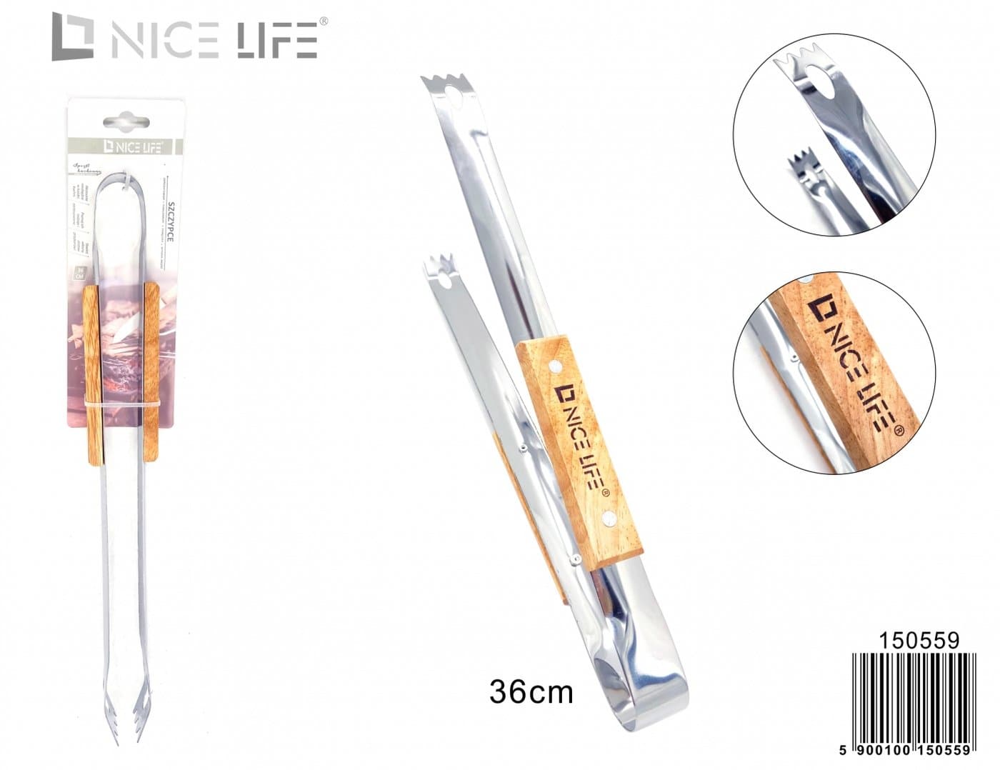 Szczypce metalowe do grilla z drewnianym uchwytem 36 cm