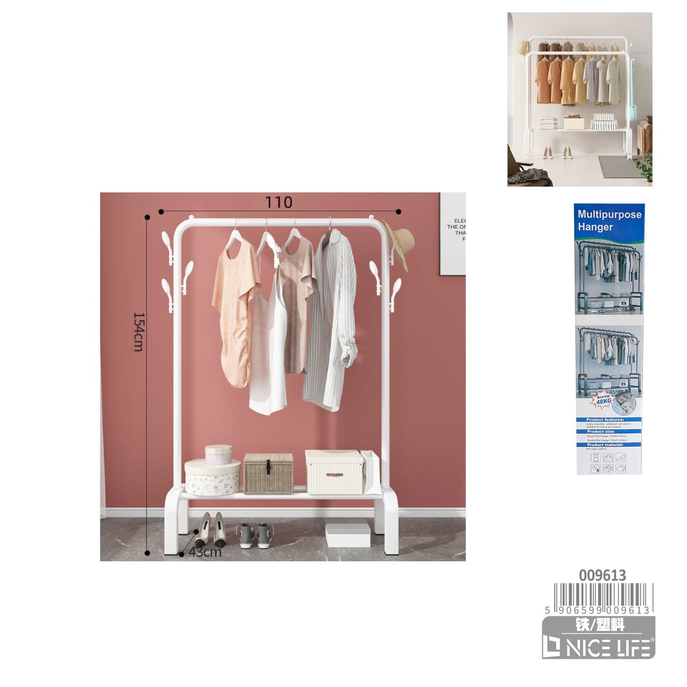 Wieszak na ubrania stojący biały z półką i haczykami