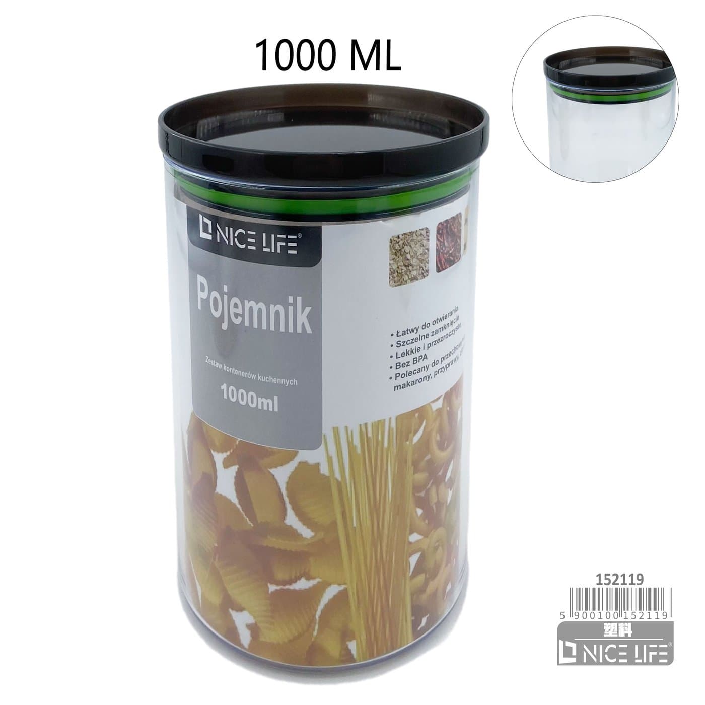Pojemnik plastikowy cylindryczny z czarną pokrywką i uszczelką