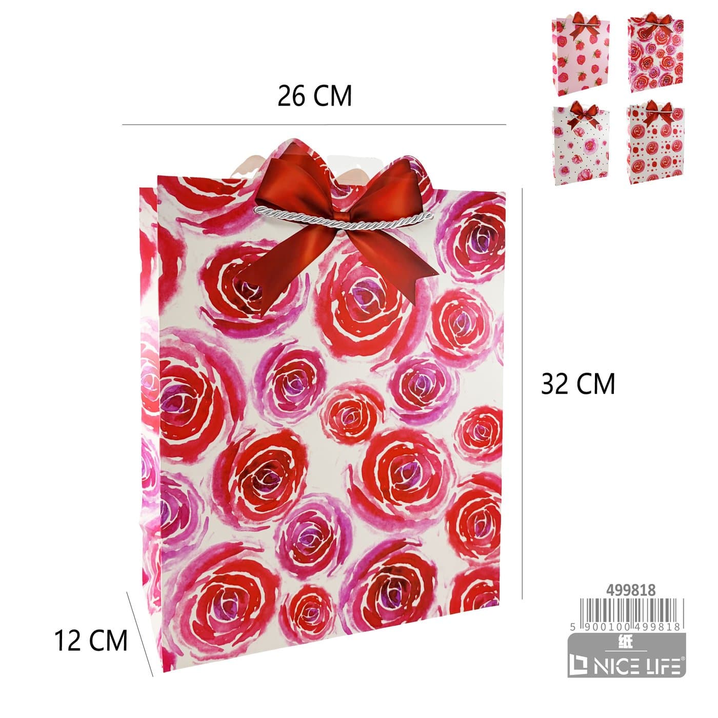 Torebka prezentowa papierowa w róże z czerwonymi uchwytami