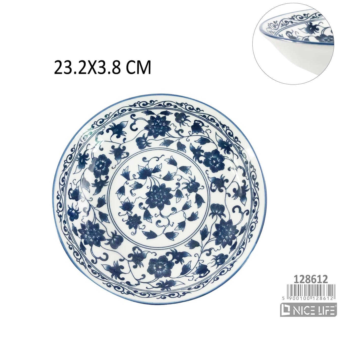 Talerz głęboki ceramiczny z niebieskim ornamentem roślinnym