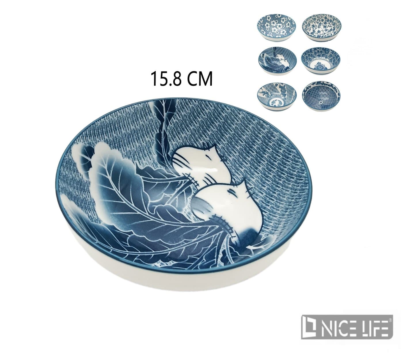Miska ceramiczna granatowo-biała z motywem kota i liści