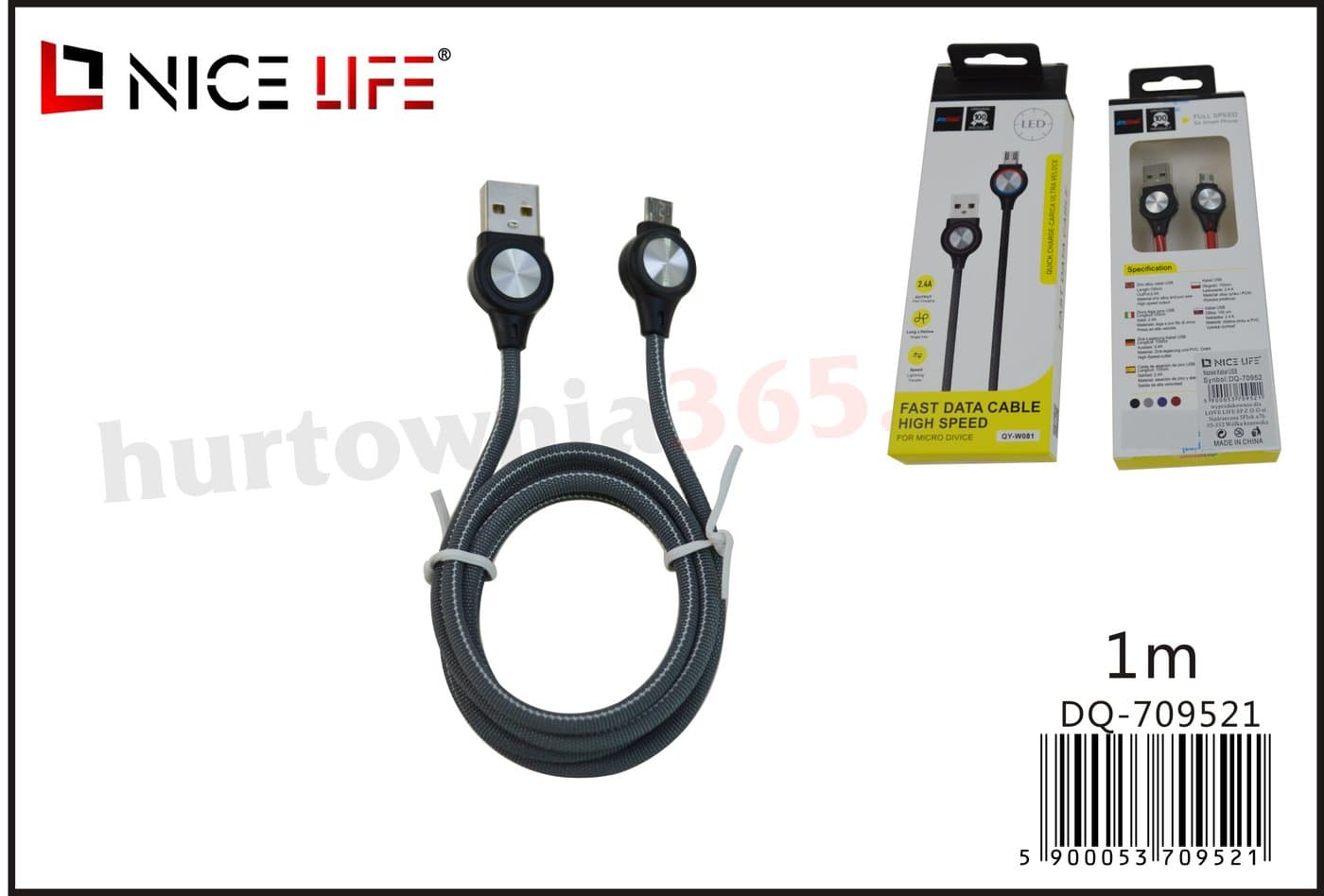 Przewód USB ze złączem micro USB, szary w oplocie