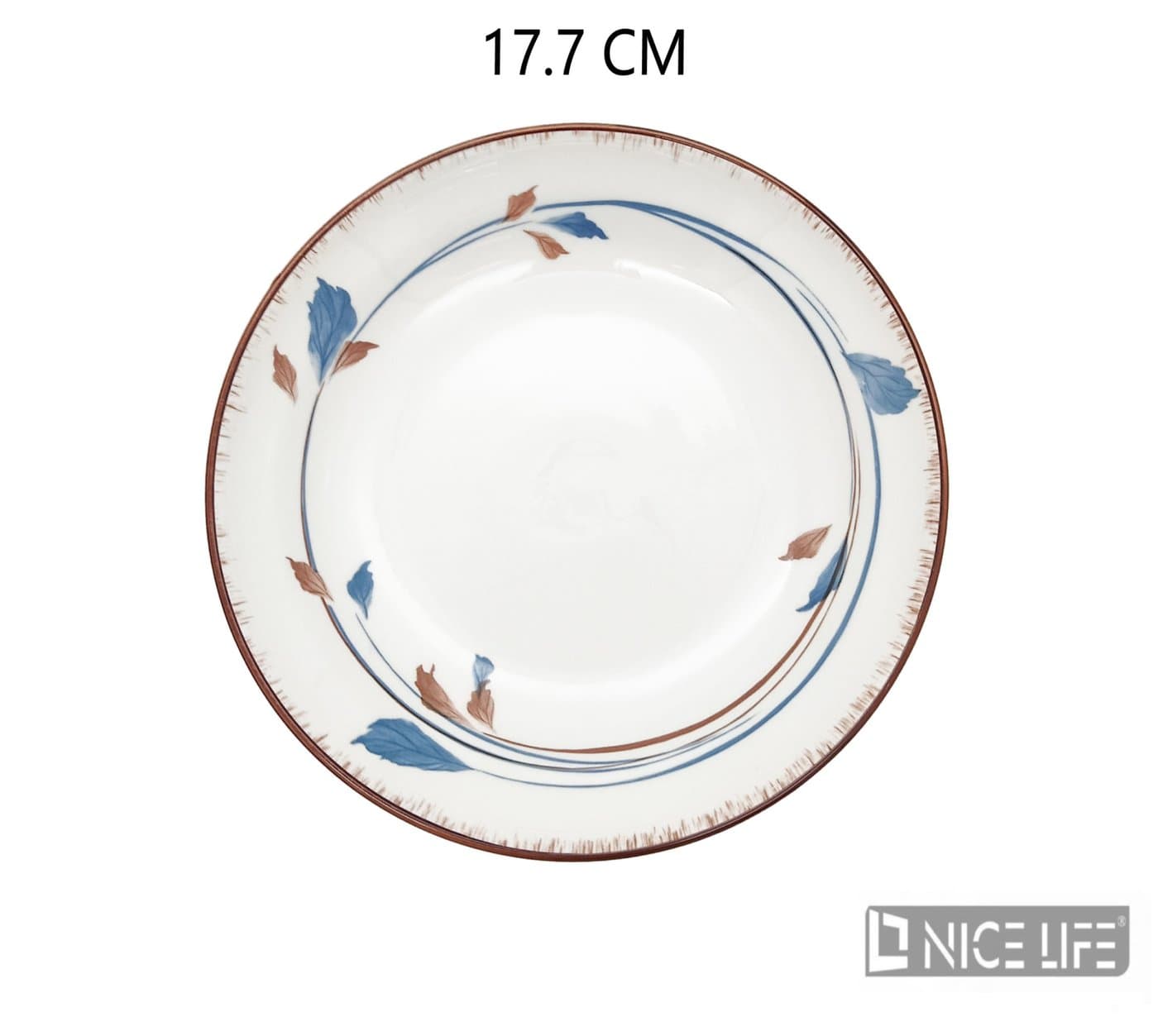 Talerz ceramiczny okrągły z liśćmi i brązowym obrzeżem