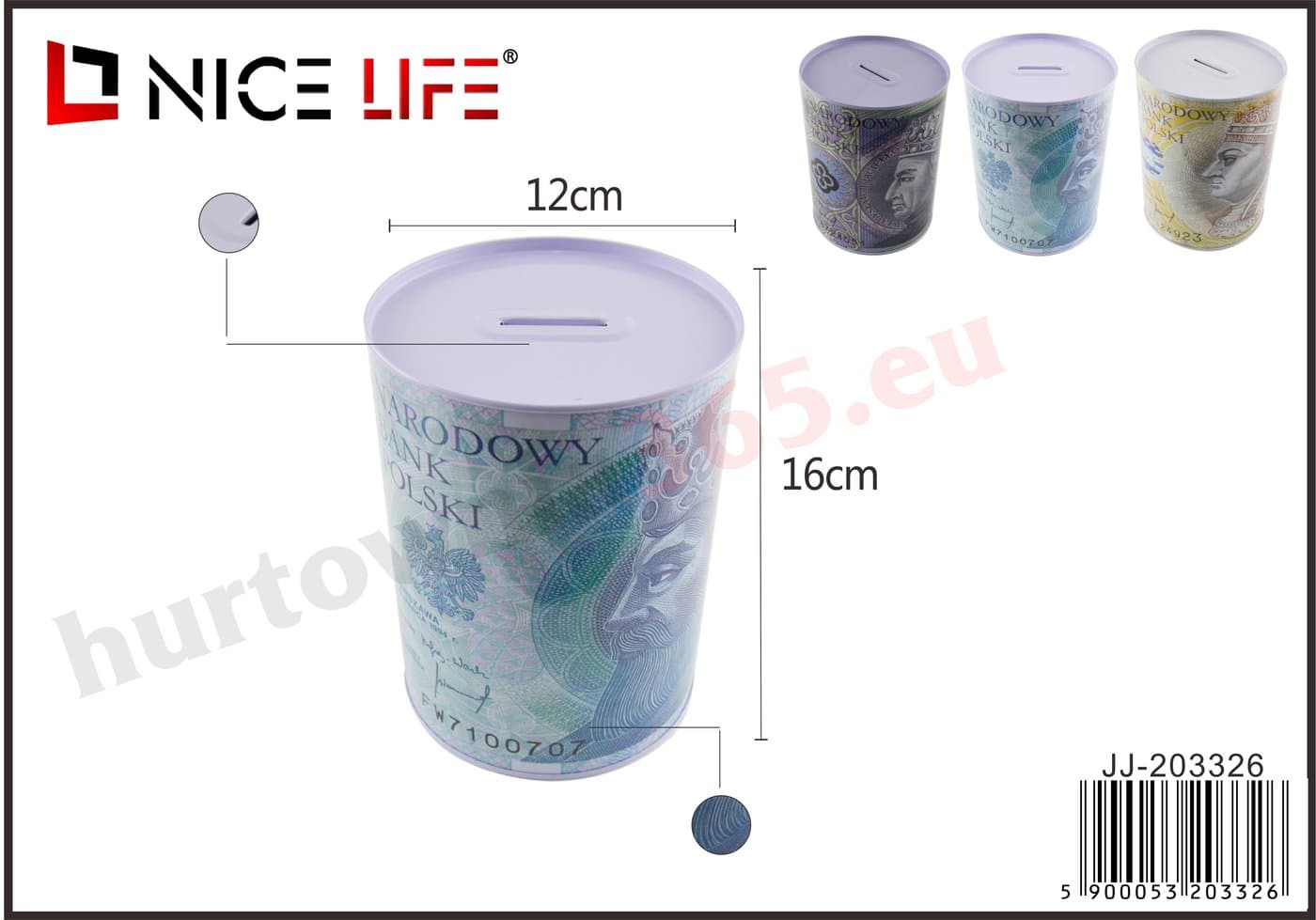 Skarbonka cylindryczna z nadrukiem banknotów w wariantach kolorów