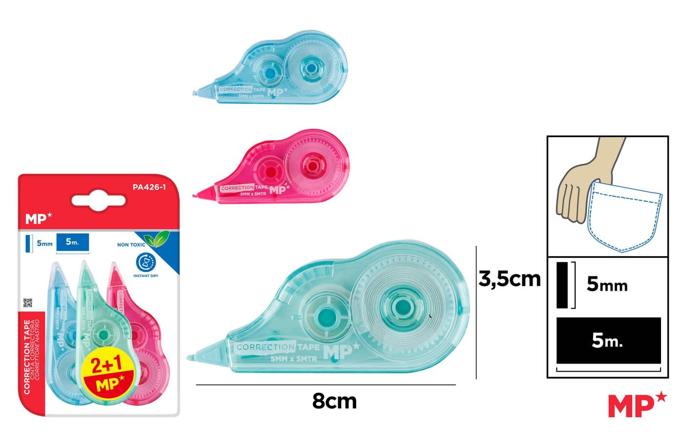 Korektor w taśmie mini 5 mm x 5 m jasnoniebieski różowy turkusowy
