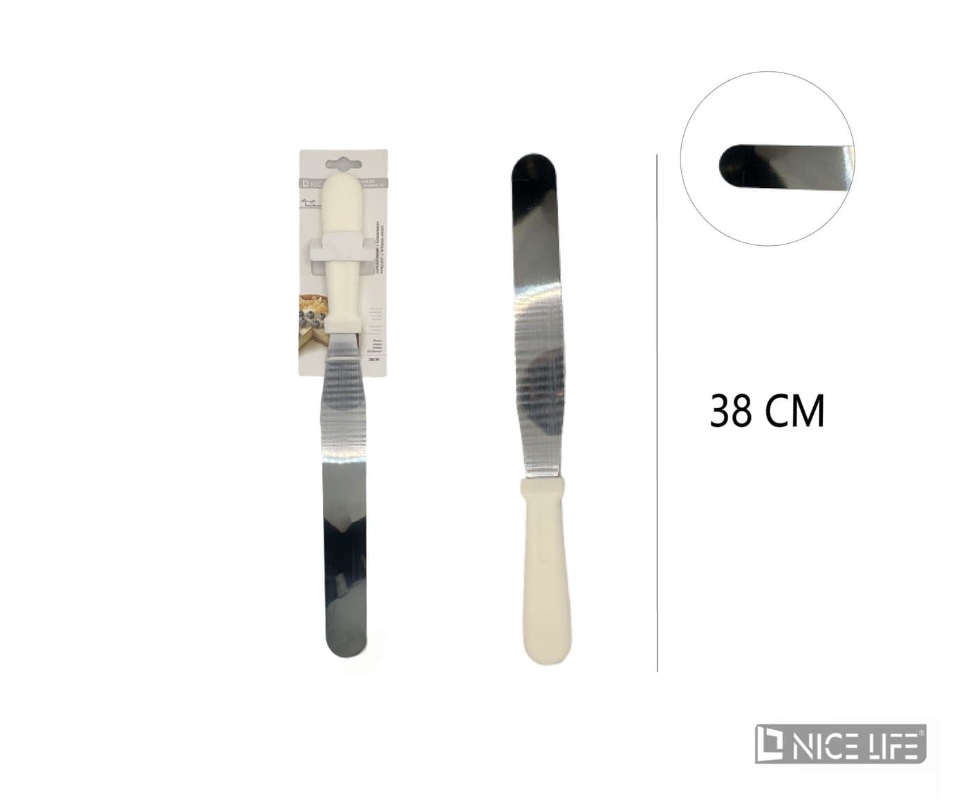 Szpatuła z wąskim ostrzem i jasnym plastikowym uchwytem