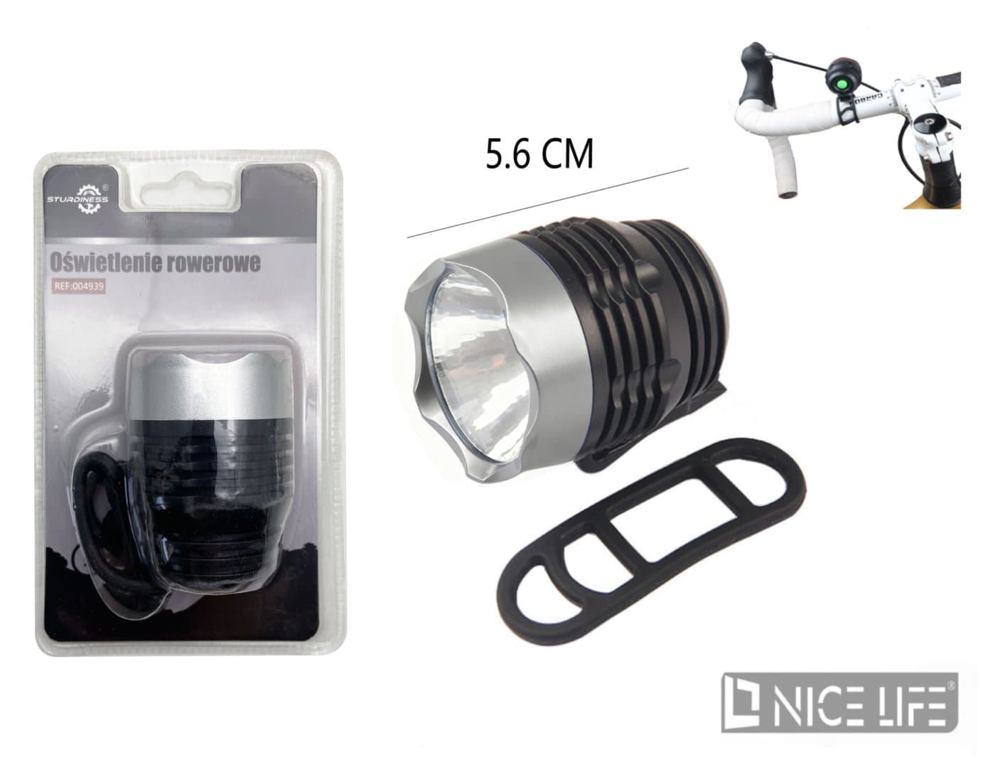 Lampka rowerowa cylindryczna czarno-srebrna z reflektorem