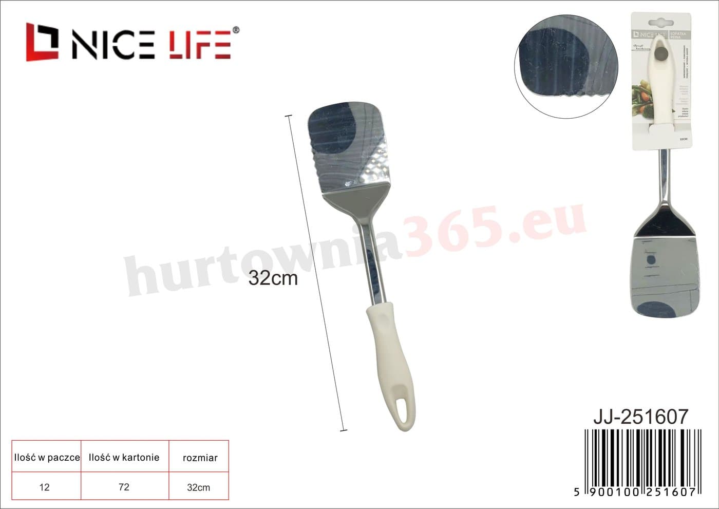 Łopatka kuchenna metalowa szeroka pełna z białą plastikową rączką