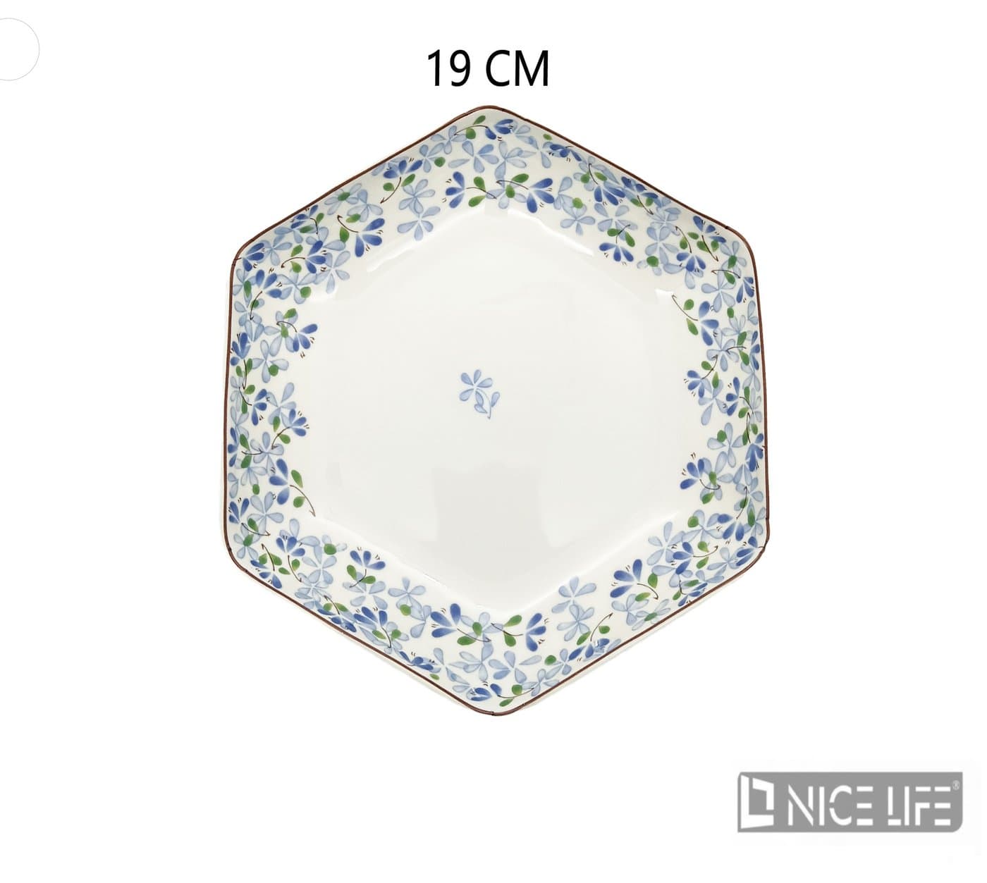 Talerz ceramiczny sześciokątny z niebiesko-zielonymi kwiatami