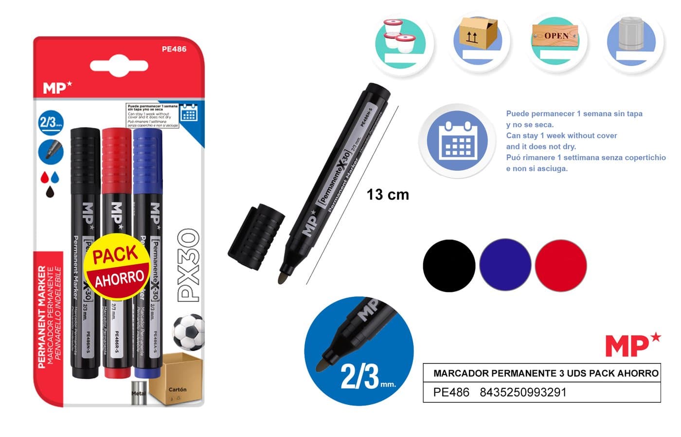 Marker permanentny 3sztop. MIX 2-3MM MP