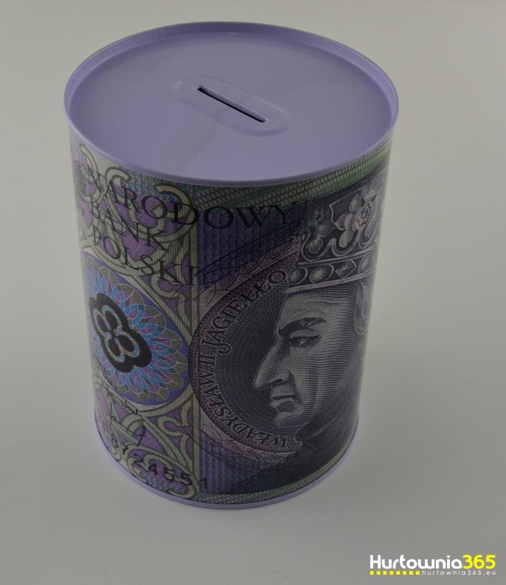 Skarbonka cylindryczna z nadrukiem banknotów w wariantach kolorów