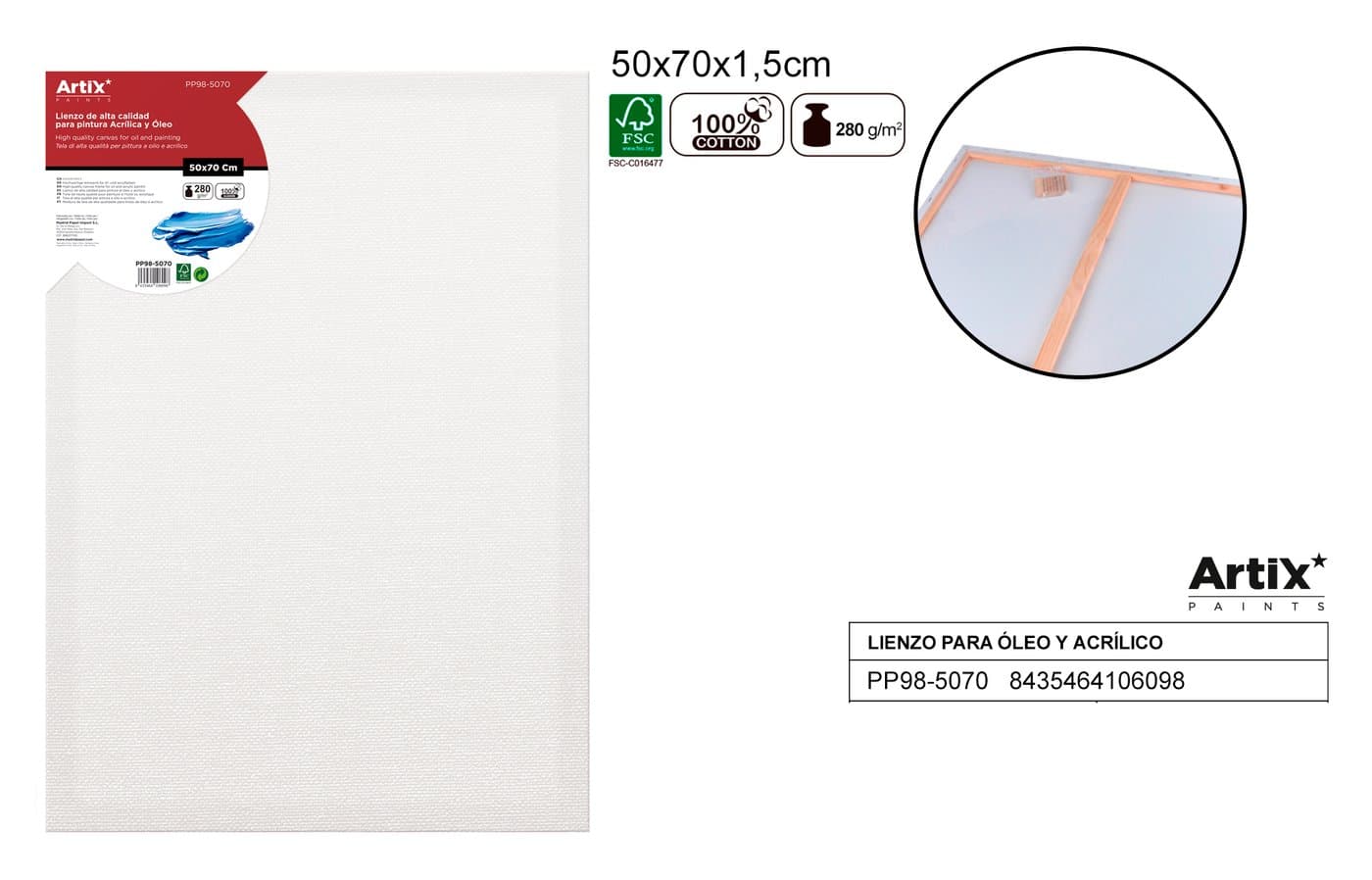 Podobrazie z białego płótna na drewnianej ramie 50 × 70 × 1,5