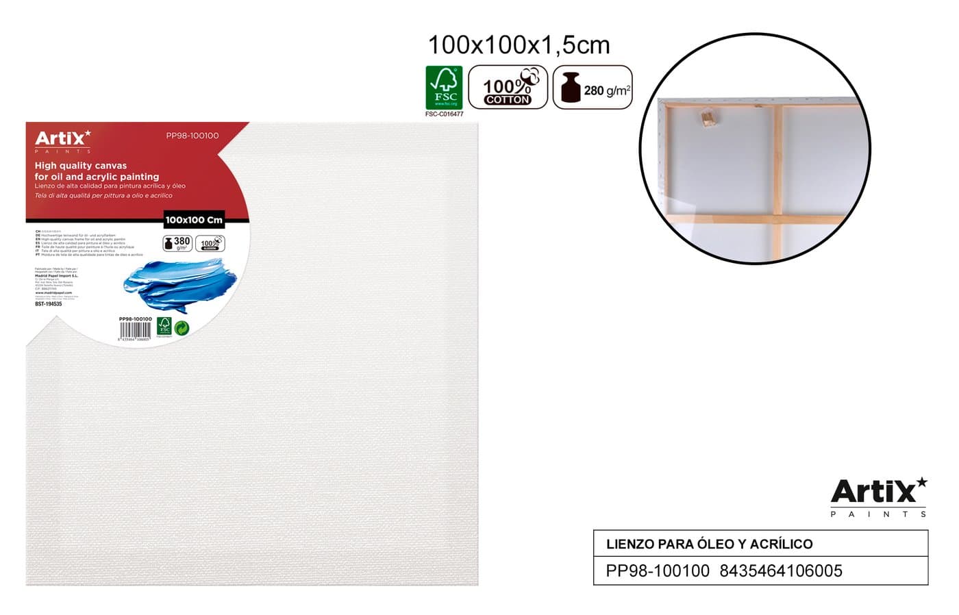 Podobrazie białe na drewnianej ramie 100 × 100 × 1,5 cm 380 g/m²