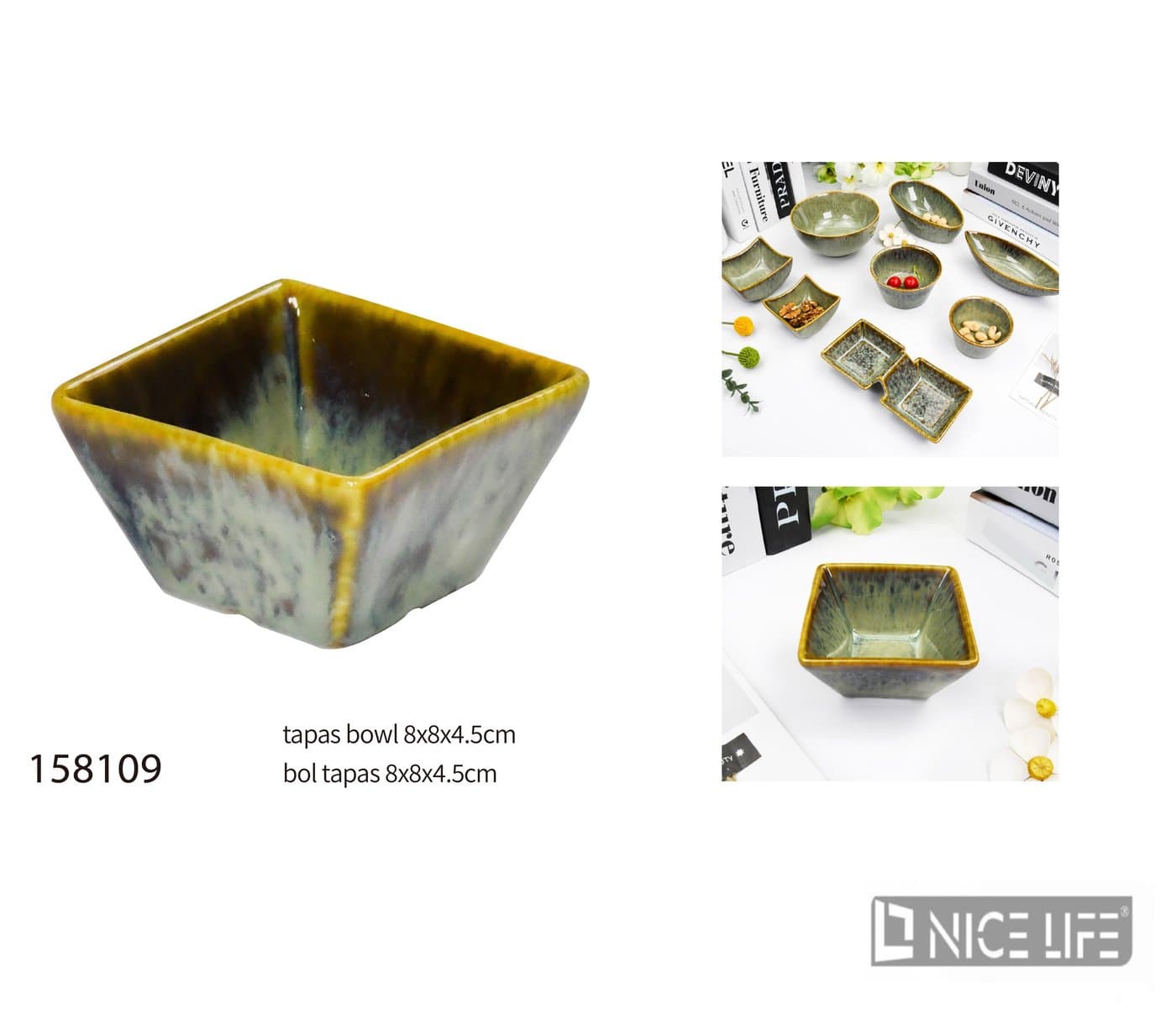 Miseczka ceramiczna kwadratowa zielonoszara z brązowym obrzeżem