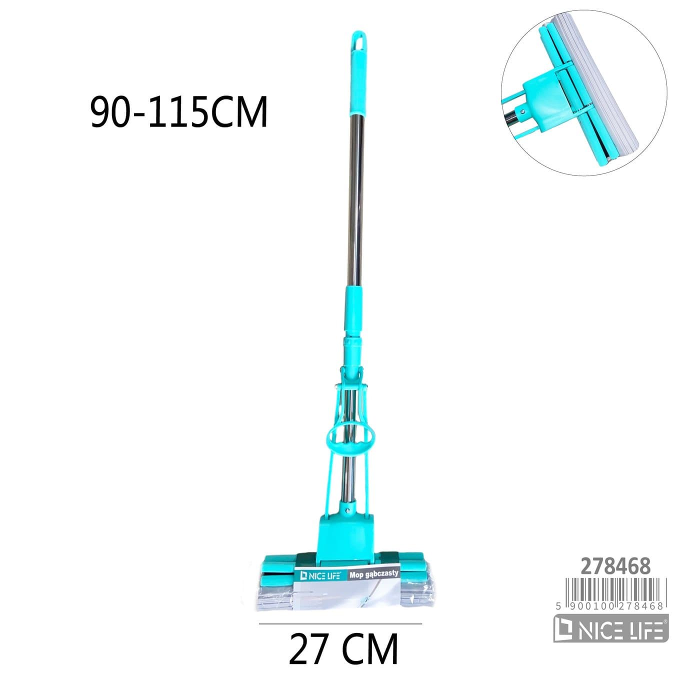 Mop gąbczasty z turkusowym mechanizmem wyciskającym