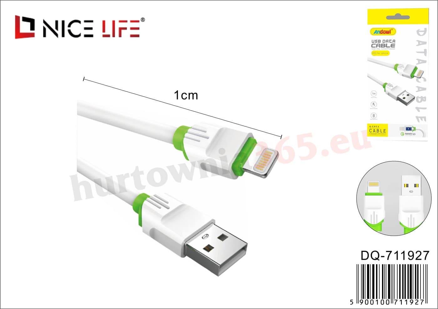 Kabel USB biały z zielonymi elementami