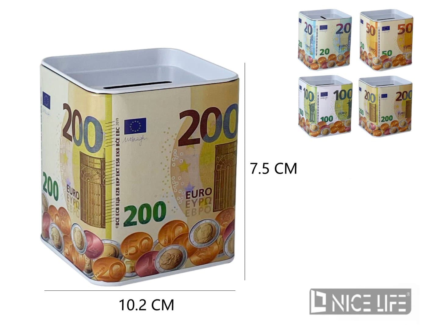 Skarbonka metalowa kwadratowa z nadrukiem euro i monet
