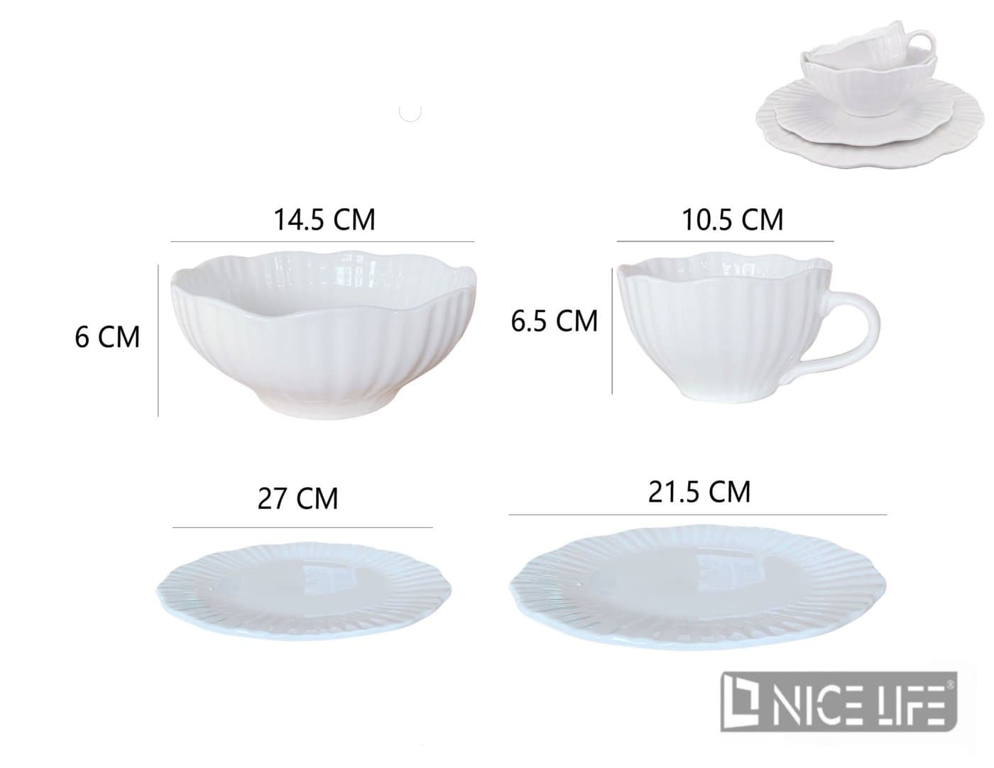 Zestaw naczyń ceramiczny biały z falistymi brzegami