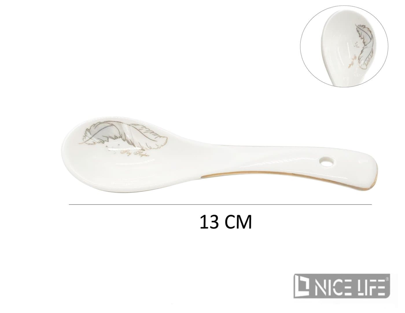 Łyżka ceramiczna biała z motywem pióra i złotą linią