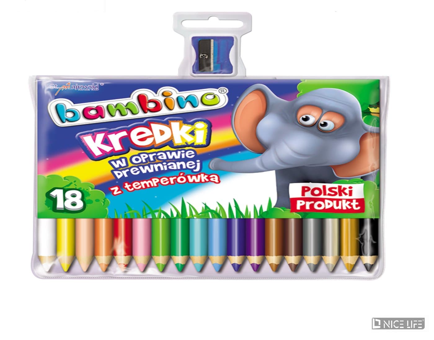 Kredki drewniane jumbo 18kol. z temperówką BAMBINO