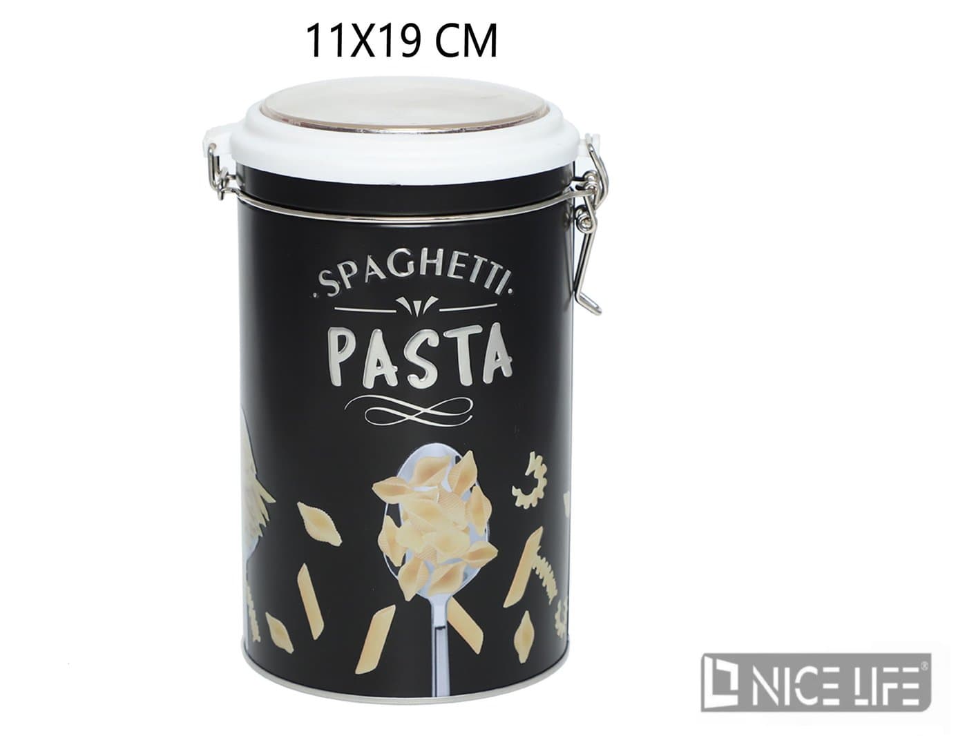 Pojemnik metalowy czarny cylindryczny na makaron z klamrą