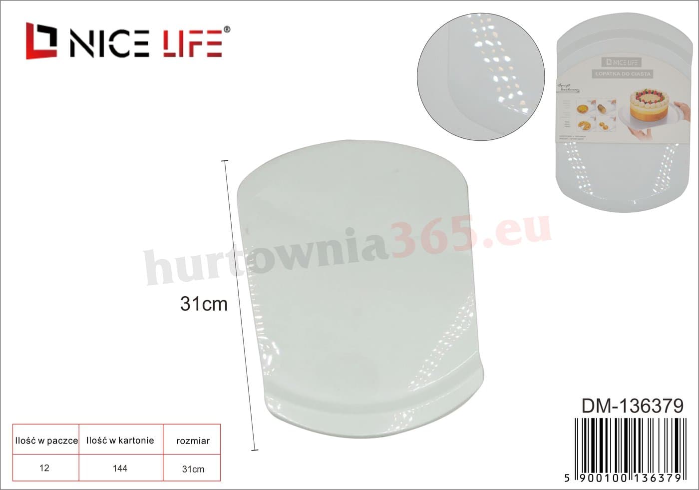 Taca na ciasto biała plastikowa, zaokrąglona z łopatką