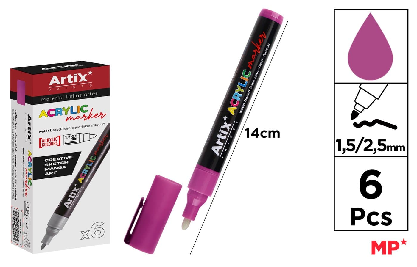 Marker akrylowy różowy z czarnym plastikowym korpusem