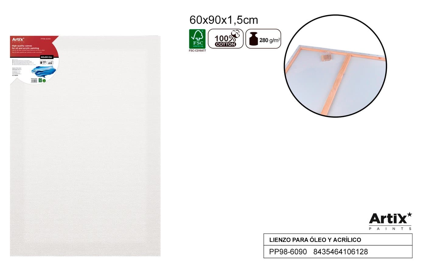 Podobrazie z białego płótna na drewnianej ramie 60 × 90 × 1,5
