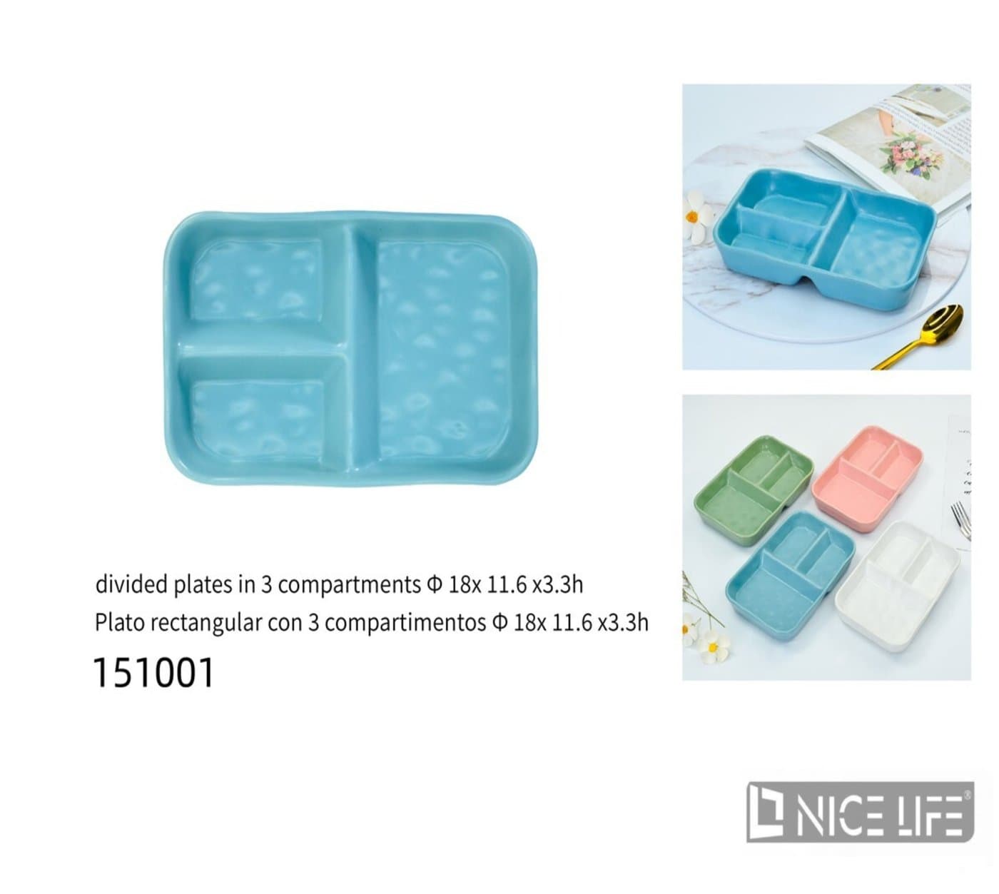 Talerz ceramiczny z trzema przegródkami niebieski