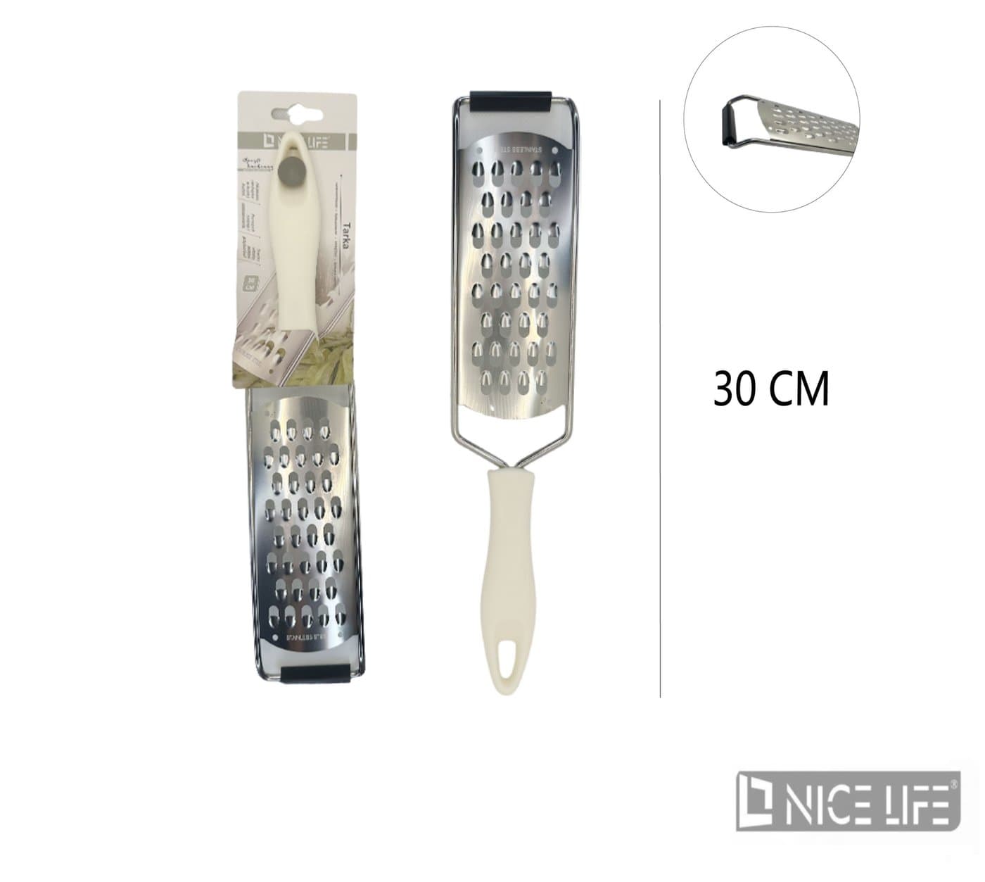 Tarka metalowa z owalnymi otworami i kremową plastikową rączką