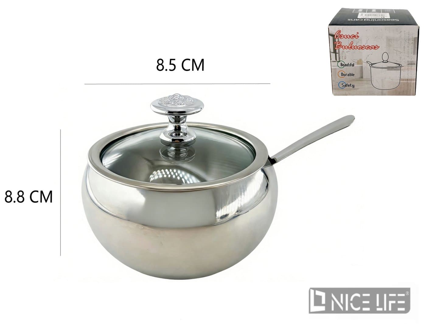 Cukiernica metalowa srebrna z łyżeczką