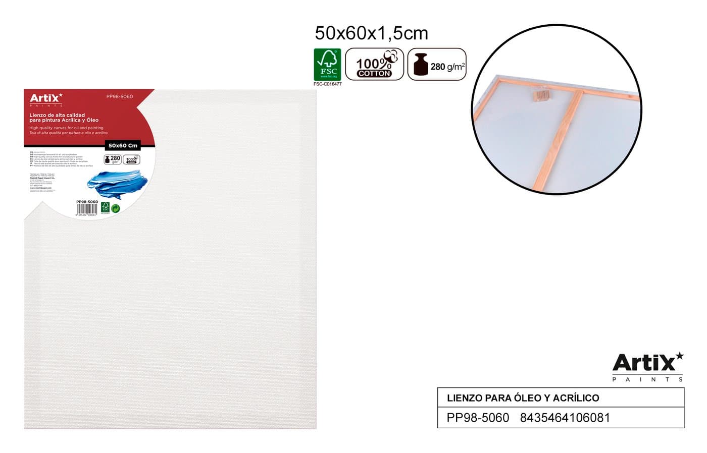 Podobrazie z białego płótna na drewnianej ramie 50 × 60 × 1,5