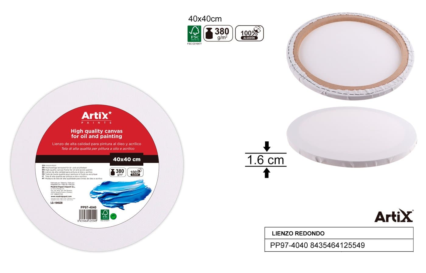 Podobrazie malarskie okrągłe białe 40 × 40 × 1,6 380 g/m²