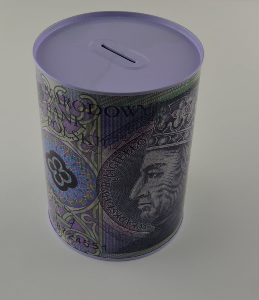 Skarbonka cylindryczna z nadrukiem banknotów w wariantach kolorów